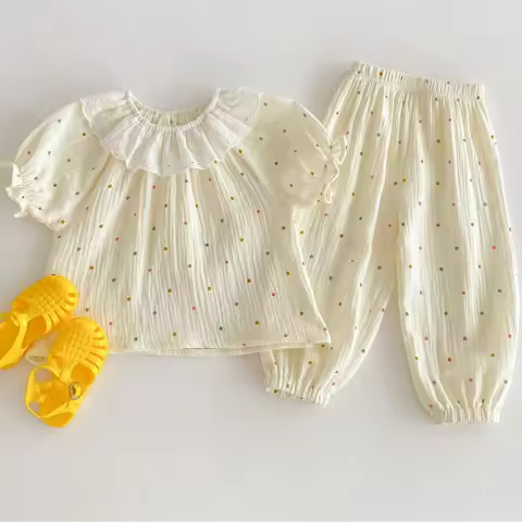 2Pcs Children Clothing Set 2025 Summer Korean Girl'S Lace Suit Polka Dot Muslin Short-Sleeved T-Shir