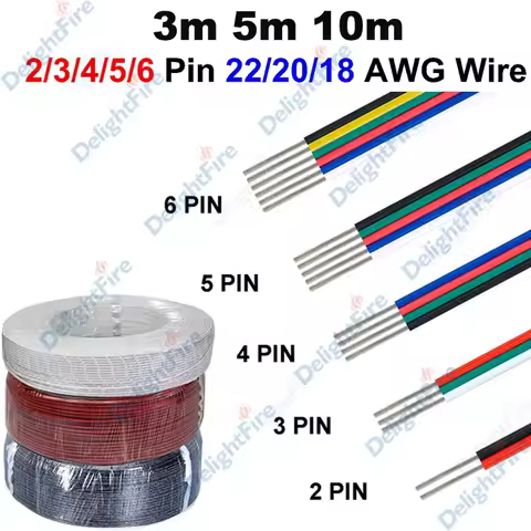 12V Led Wires 3m 5m 10m 18 20 22 AWG 6 5 4 3 2 Pin Electric Cable for 5050 WS2812B RGB RGBWW LED Str