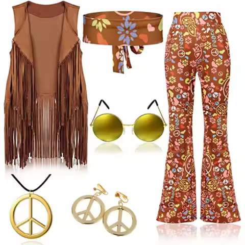 Women 60s 70s Outfit Disco Hippie Costume Fringe Vest Boho Pants Accessories Set for Adult Halloween