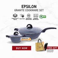 iGOZO Epsilon Non Stick Granite 32CM Stir-fry Wok Deep Fry Pan Cookware Set FREE Casserole+3pcs Knife+Spatula+Jute Bag