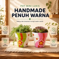 Mini Flower Pot with Lip Painting, 9 cm Wide, Clay Belt, Handmade Pottery for Succulent, Cactus, Orn