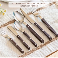 Brown Handle Cutlery Set Stainless Steel Spoon Fork Steak Knife Butter Cutter Tableware
