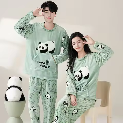 Autumn Cartoon Panda Women Men Pajama Couples Sleepwear Korean Pijamas Long Sleeve Coral Fleece pija