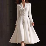 Women's Autumn/Winter White Lapel Single-Breasted Blazer Dress, Long-Sleeve High-Waist Swing Midi Sk