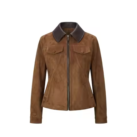 Lante Women's Slim Fit Contrast Collar Zip up Vegan Suede Short Jacket