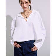 AMR DE SAISON (AIMER)-Sailor Pleated Crop Shirt Cotton Blouse Women