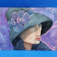 Female retro portrait of a young girl in a hat. Original painting wall painting