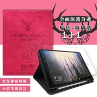 二代筆槽版 iPad Pro 12.9吋 2021/2020/2018版通用 北歐鹿紋平板皮套(蜜桃紅)+9H玻璃貼(合購價)
