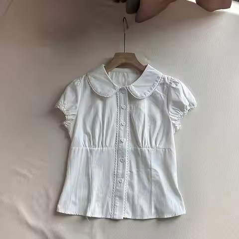 Deeptown White Lace Patchowork Shirts Women Sweet Short Sleeve Peter Pan Collar Lolita Blouses Prepp