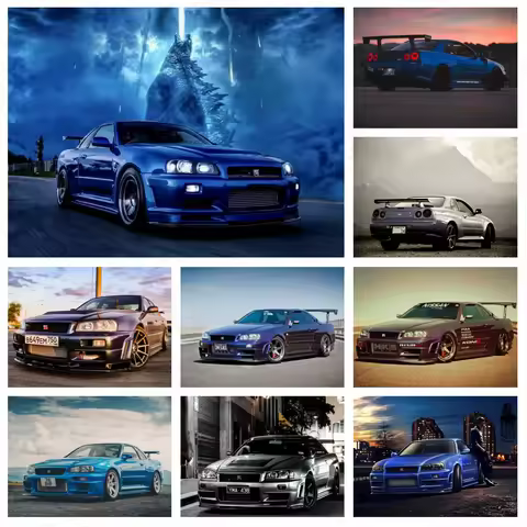 GTR R34 4K Wallpaper Full Diamond Rhinestones Painting Classic Sports Car Cross Stitch Kits Embroide