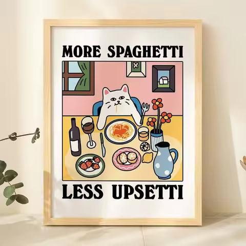 More Spaghetti Less Upsettl Cartoon Cat Wall Art Prints Canvas Painting Poster Picture For Living Ch