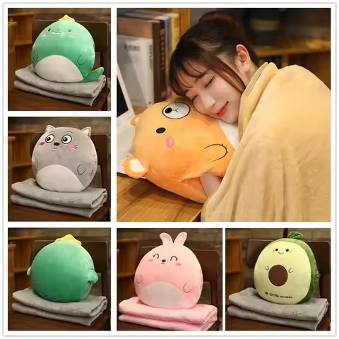 Cartoon Animal Pillow Blanket 3 In1 Stuffed Hand Warmer Bag Cute Cushion Blanket Home Car Travel pil