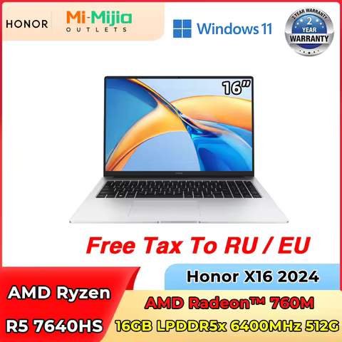 Honor Laptop X16 2024 AMD R5 7640HS 16GB 512GB Radeon 760M 16-inch IPS Notebook Silver