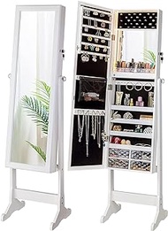 LED Light Jewelry Cabinet Standing Mirror Makeup Lockable Armoire, Large Storage Organizer w/Drawers