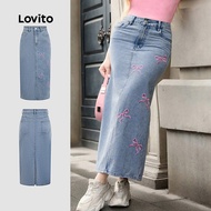 Lovito Casual Denim Skirts Bow Embroidery Light Blue Denim Skirts for Women L166AD385 Lovito Skirt D