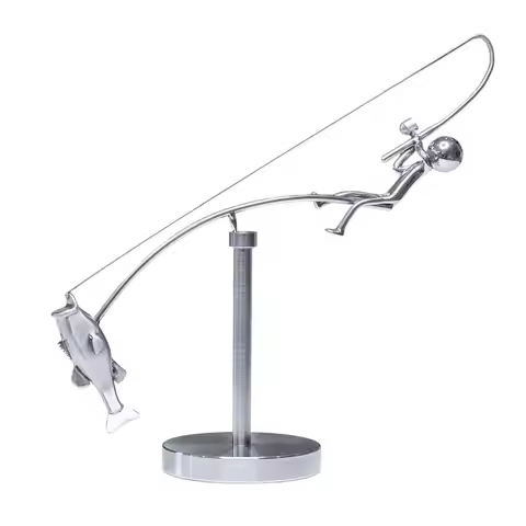 Creative Kinetic Fishing Sculpture Desk Ornament Gift Kinetic Balance Art Statue Metal Fishing Statu