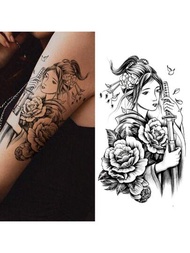 1張女性臨時紋身貼紙,日本藝妓物圖案,耐水、持久身體臂部藝術假紋身貼紙