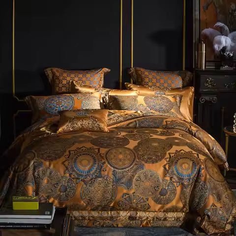 Luxury Golden Silver Satin Cotton Bedding set 104X90in Oversize US Queen King Doona Duvet cover Bed