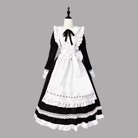 2021 Halloween Cosplay Costumes Anime Apron Maid Role Play Long Dress Plus Size Black White Lolita L