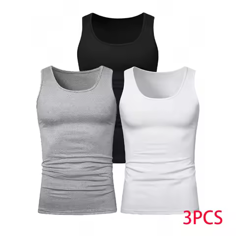 3pcs Summer Mens Sleeveless Tank Top Solid Vest Undershirts O-neck Gym Tees Trendy Versatile Slim Fi