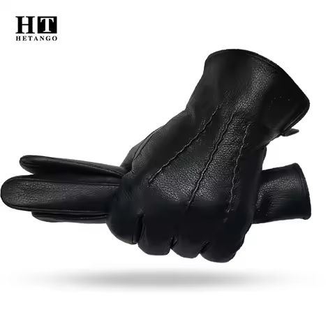 2024 New Winter Men's Leather Gloves Warm Soft Black Sewing Wavy Design Touch Screen Buckskin Gloves