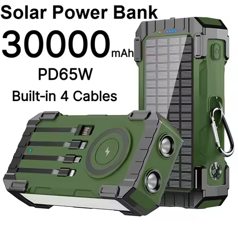 New 30000mAh PD65W Solar Power Bank Built‑in 4 Cables Wireless Fast Charging Large‑Capacity Portable