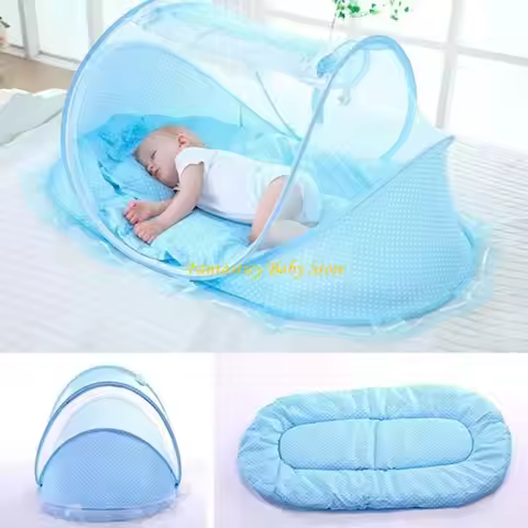 J6BE 1 Set Foldable Baby Crib Netting Tent with Soft Sleeping Pad and Pillow Portable Design for Inf