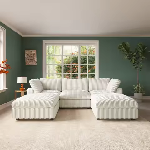 118'' Comfy Plush Fabric Sectional Sofa Couch Modula U-shape Upholstered Couch 3 Seats with 2 Ottoma