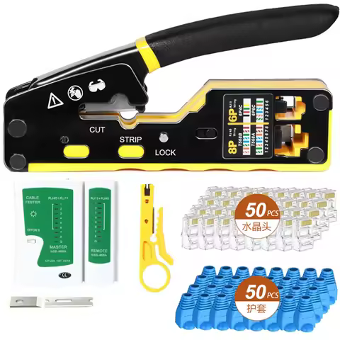 RJ45 Crimp Tool Kit Pass Through 6P8P Cat6 Crimping Tool For Cat5 Cat5e Cat6 8P8C Connector, All-in-