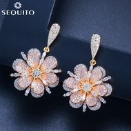 SEQUITO Charming Mix White Rose Gold Plated Exquisite Drop Jewelry Full Micro Pave CZ Diamond Big Flower Dangling Earing with 925 Silver Pins for Women Prom Party SE049