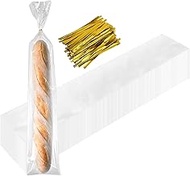 PINGEUI 200 Pack Plastic Bread Bags with Ties, 27.5x6 Inch Long Loaf Bread Bags Clear Baguette Bag f