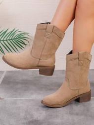 女性短筒靴,厚跟,尖頭,西部牛仔風格,適用於秋冬季節
