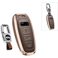 SANRILY 1Pcs Keyless Brown Key Fob Cover for Audi A6 A7 A8 2020 2021 E-tron Q8 Q7 Metal Leather Key 