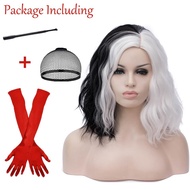Mildiso Black White Wigs for Cruella Deville Costume Women Cruella Deville Wig with Gloves Short Cur