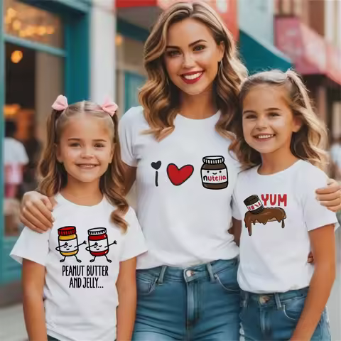 Nutella Baby Funny Cartoon Print White T-shirt Kids Summer O-Neck Tops Boys & Girls Tshirt Family Ma