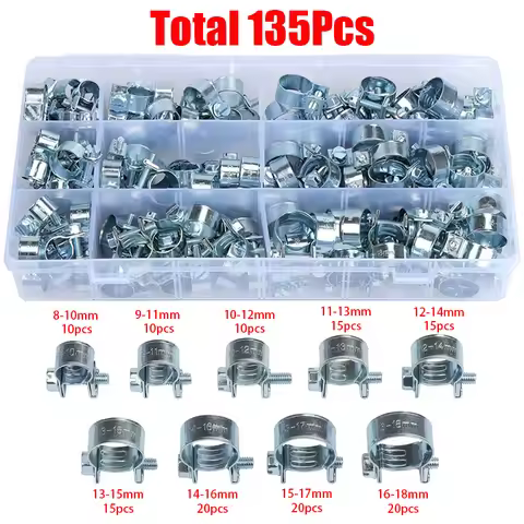 135 pieces of mini fuel injection hose clamp galvanized steel hose clamp combination kit 8-18 mm for