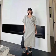 【Oversize Dress】(40-150kg) Fashion Summer Short Sleeves V Neck Plus Size Hoodie Loose T-shirt Dress