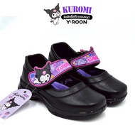 Y-Roon Model Y666 Kindergarten School Shoes For Girls Black Leather Purple Background Authentic Kuro