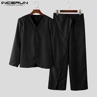 INCERUN Mens Stylish Simple Sets V Neck Button Up Long Sleeve Blazer Patchwork Wide Leg Pants Suits 