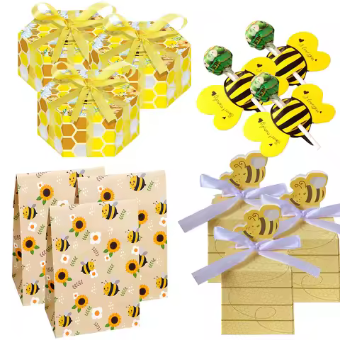 1set Bee Candy Boxes Carton Lollipop Cards for Baby Shower Kids Birthday Party DIY Cookies Package B