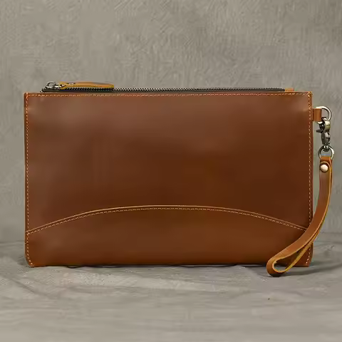 Men's genuine leather clutch bag, crazy Horse leather clutch bag, flat storage, large capacity busin
