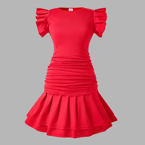 Hot Sale Summer Solid Color O-Neck Flying-Sleeve Pleated A-Line Dress 8-12 Years Elegant Simple Fren
