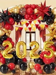 New Year Balloon Set Red Black Gold Latex and Foil Balloon 2025 Numbers and Stars Design 3D Party De