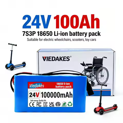 24V 100Ah 7S3P Battery Pack 18650 Rechargeable Li-ion Battery with 29.4V 2A Charger for Electric Whe
