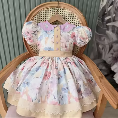 0-12Y Baby Girl Summer Collar Embroidery Vintage Princess Ball Gown Floral Dress for Party Eid Birth