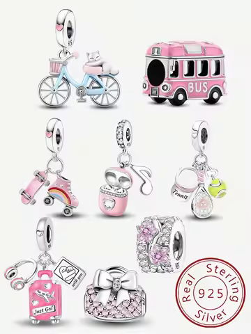 925 Sterling Silver Pink Earphones for Buses Charm Bead Fit DIY Making Bracelet Necklace Gift High Q