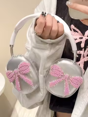 Pink bow 3D cartoon cute earphone case for apple airpods max 2024 shiny blingbling cover for airpdos
