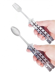 1 cái Balisong thép không gỉ () ngoài trời di động gấp bướm tập nĩa & thìa bướm huấn luyện dao, đồ d
