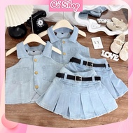 N98, (Free belt) 12-32kg - denim jean shirt Set Sleeveless Pleated skirt for girls