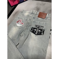 EVISU Jeans Street Wear Embroidered Slim Jeans Trendy All-Match Casual Men's Trousers